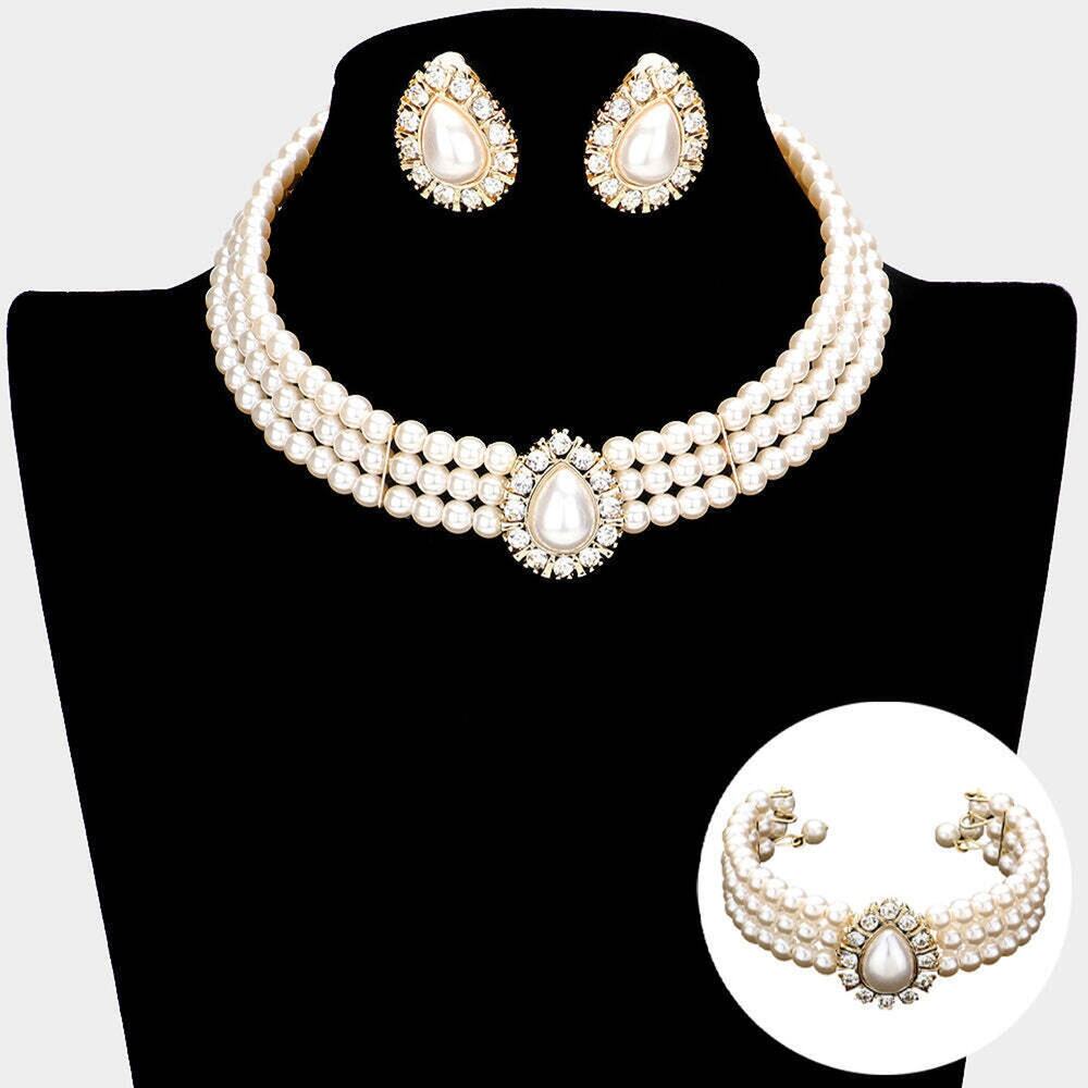 3pc clip on gold cream teardrop pearl choker, bracelet, earring set
